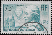 Na modrozelen potovn znmce Francie o nominln hodnot 75 cent k 150 letmu vro mrt Piltre
de Roziera je profil de Roziera, montgolfira a katedrla v Metzu. Npisy jsou RF a 75c.