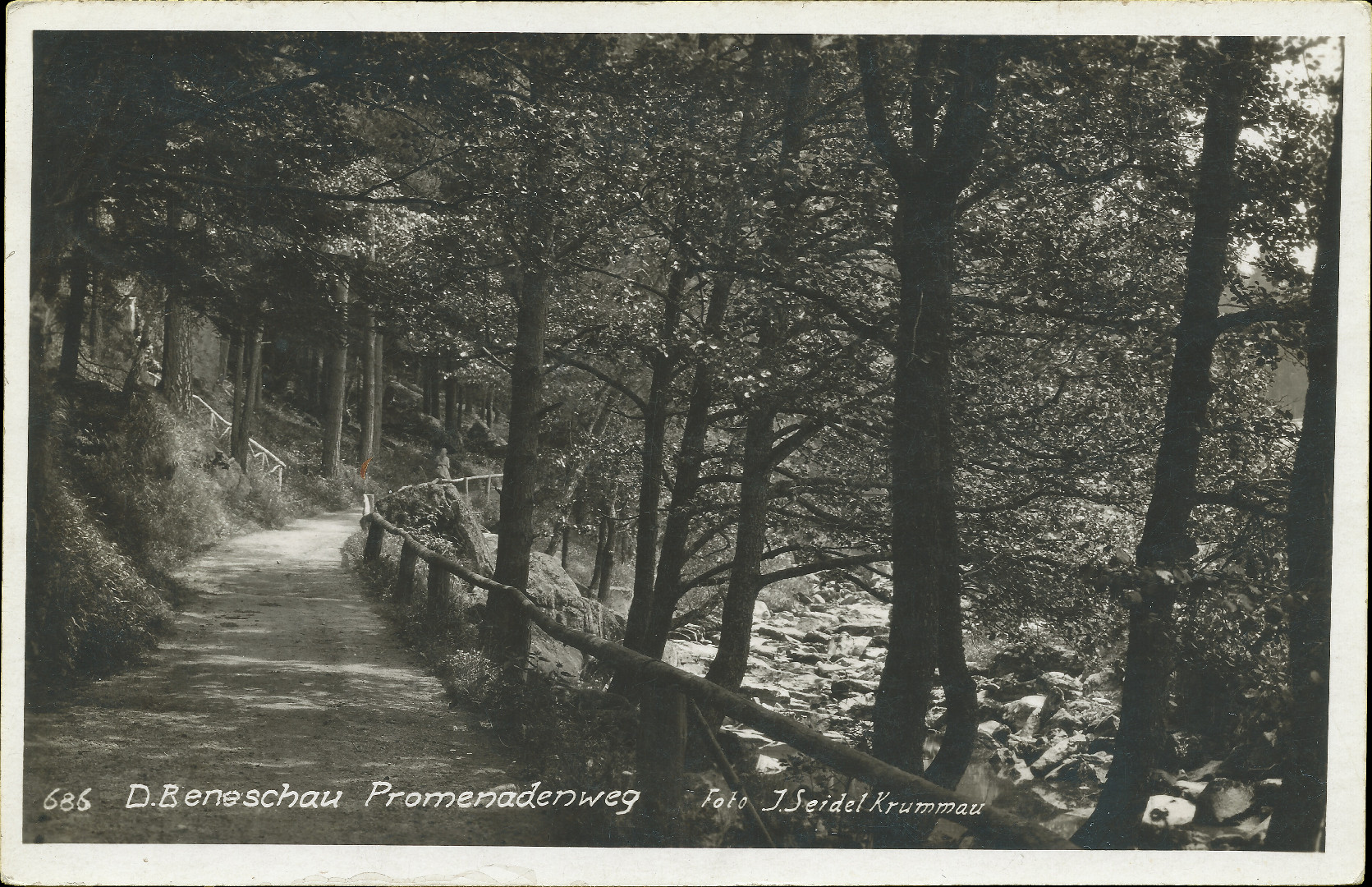 Na pohlednici
  je vidt kamenitou ku cestu s devnm zbradlm. ka protk lesem. Tak
  je na n npis: 686 D. Beneschau Promenadenweg Foto J.Seidel Krummau.