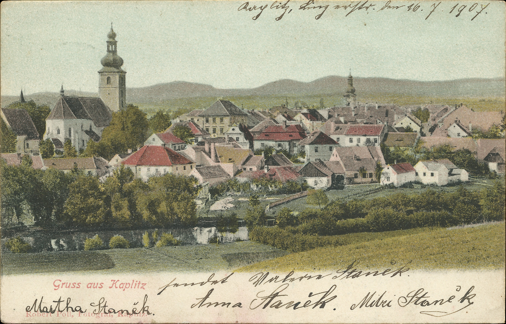 Pohled na sted Kaplice zblzka, barevn litografie, popsan 16.7.1907