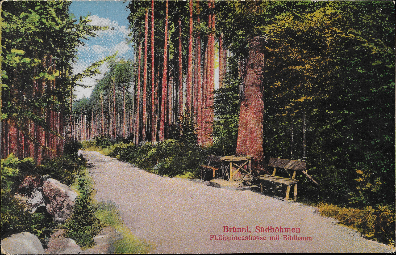 Na barevn litografii malho formtu je lesn cesta, laviky, stoleek
     a strom se svatm obrzkem a npisem Brnnl a Sudbhmen Philippienstrasse mit
     Bildbaum.