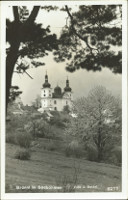 Na pohlednici je krsn prodn scenrie se stromy, sadem a kostelem Panny
            Marie Titelky trochu v pozad.