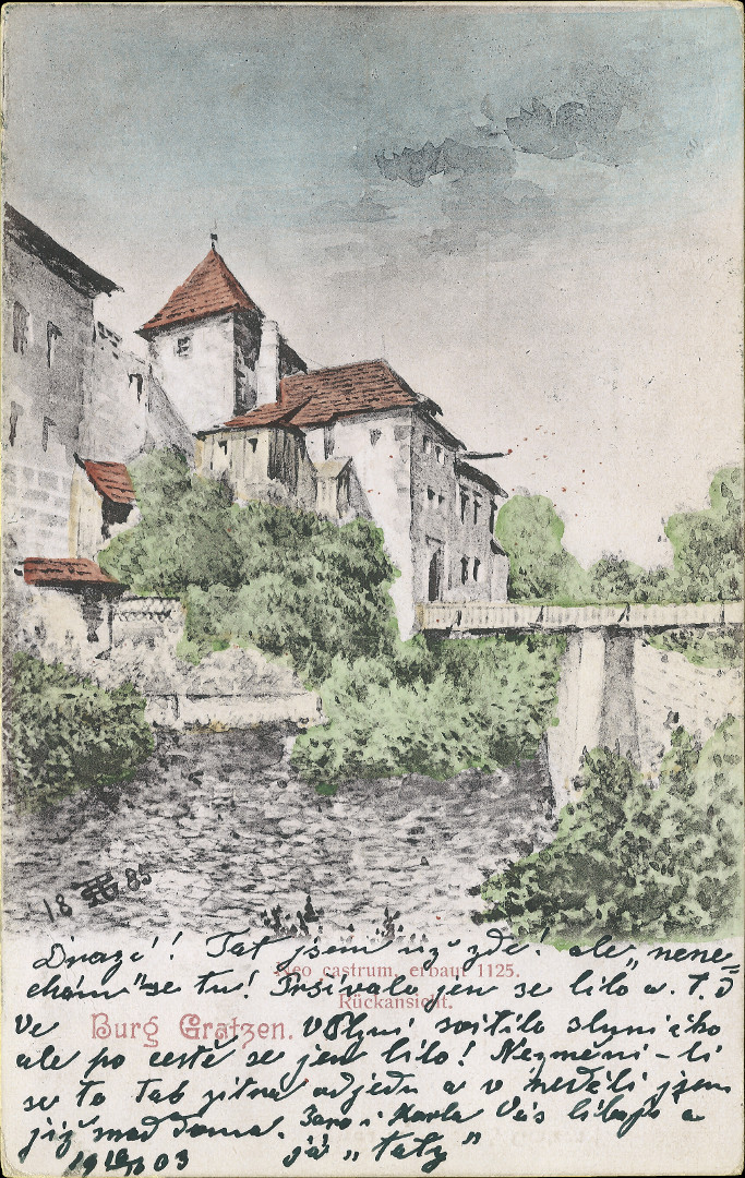 Na barevn litografii s npisem
  Burg Gratzen z konce 19. stolet je hrad, zdn hradn pkop a most s oprm
  pilem.