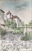 Na barevn litografii z konce 19. stolet je hrad, zdn hradn
            pkop a most s oprm pilem.