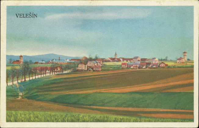 Celkov pohled Velena piblin od SZ, barevn litografie odeslan 23. 12. 1942.