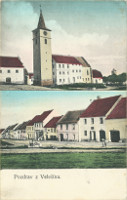 Na barevn litografii je Kostel sv. Filipa a Jakuba a st nmst
            se snenou stechou po poru r. 1906