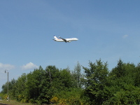 Na fotografii je nad stromy pistvajc velk dopravn letadlo.