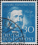 Na modr potovn znmce Nmeck spolkov poty s nominln hodnotou 30 Pf jsou hlava Philipa Reise, dole velk npisy DEUTSCHE BUNDESPOST a 30.
Nahoe je npis 75 JAHRE FERNSPRECHER a u hlavy st znateln npis Philip Reis.