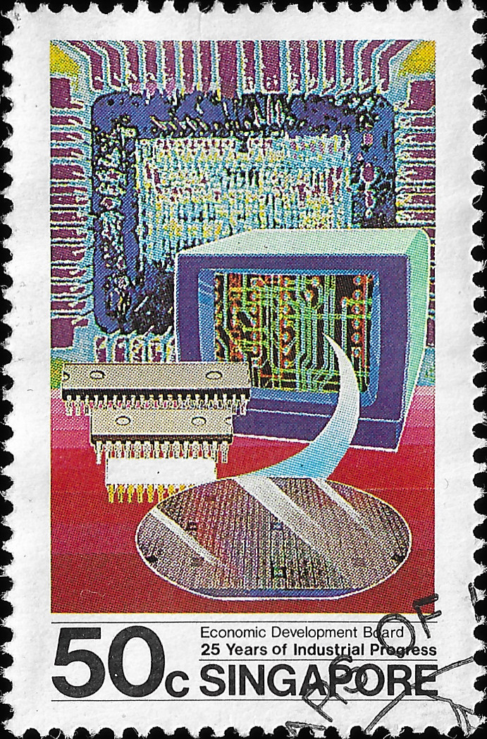 Na potovn znmce Singapuru jsou integrovan obvody a rzn detailn (rzn zvten) vyobrazen jejich struktury. Jsou na n
  npisy: Economic Development Board a 25 Years of Industrial Progress.