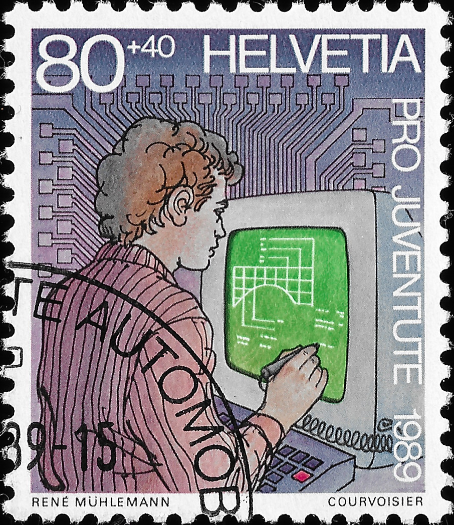 Na znmce vcarska o nominln hodnot 80+40 je napso PRO JUVENTUTE 1989. Je na n vyobrazen projektant, jak kresl svtelnm
perem na obrazovku potae. Dole je klvesnice. Pero je napojen spirlov stoenm prunm kabelem. Obrazovka svt zelen. Nakreslen
ry jsou bl. Za nm je modr pozad a na nm rovofialov spoje pipomnajc spoje na ipu.