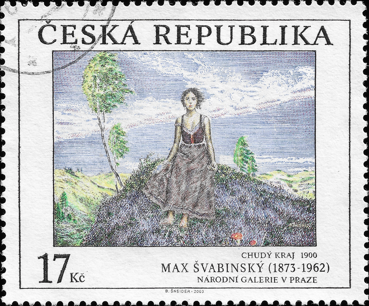 Na znmce je v kruhu namalovan sedc ena v blch atech se lutm doplkem na hrudi. Ruce m sloen v kln. Za n jsou stylizovan kee.
Na znmce jsou npisy ESK REPUBLIKA, MAX VABINSK (18731962), 35 K, KULAT PORTRT 1897 a NRODN GALERIE V PRAZE.